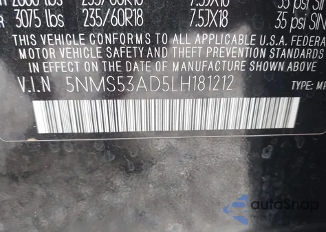 2020 Hyundai Santa Fe Limited from USA, damaged, VIN 5NMS53AD5LH181212